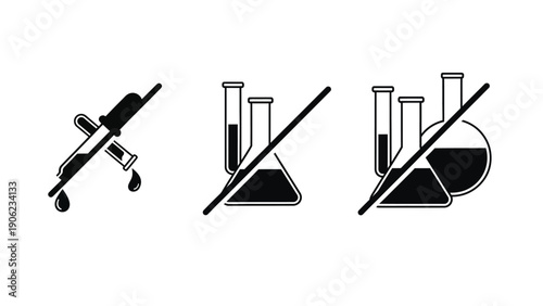Icons representing prohibition of laboratory experiments and chemical substances.