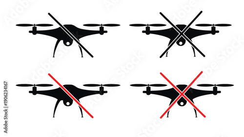 Four drone icons indicating prohibition and restriction of drone use.