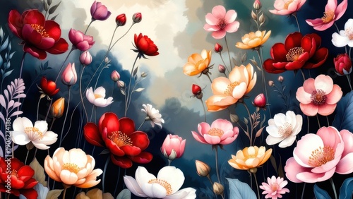 Vibrant blooming garden with colorful flowers under dramatic sky.