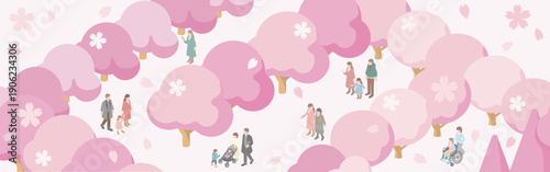 桜とお花見のバナー背景。春のイベント、お祭り、キャンペーン用フレーム素材