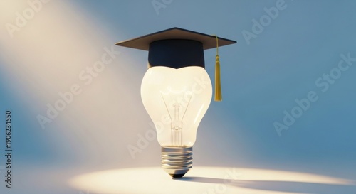 Illuminated lightbulb with mortarboard, representing education and ideas, spotlit