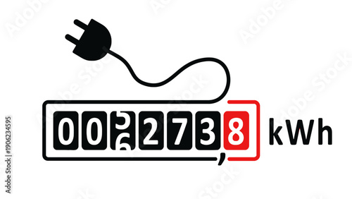 An electric meter displays energy consumption with a plug and cord.