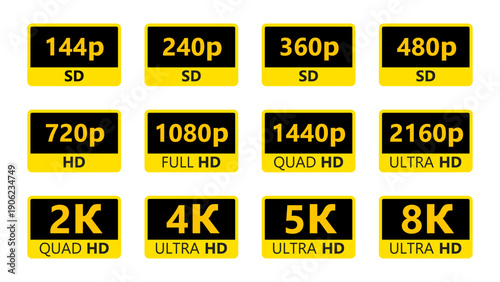 video resolution label collection, 4k ultra hd icon, 2k quad hd symbol, 1080p full hd sticker