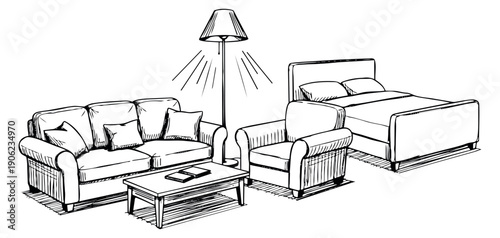 Hand drawn line art furniture set featuring a sofa, armchair, coffee table, floor lamp, and bed for home interior design