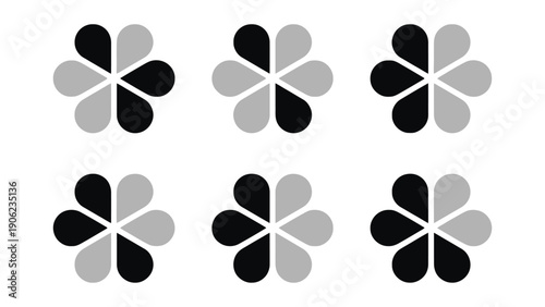 Six abstract floral shapes with alternating black and gray petals on a white background.