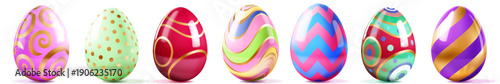 Set of shiny easter eggs with various patterns and colors on white background with soft shadows and gold accents.