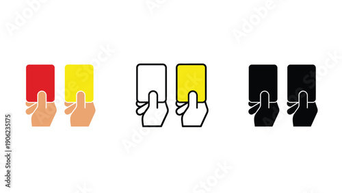 A referee holds up a red and yellow soccer card in three different styles.