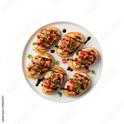 Chicken bruschetta with tomato and basil on white plate