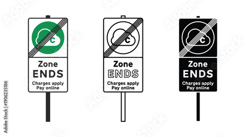 Three signs indicate the end of a low emission zone with charges applying.