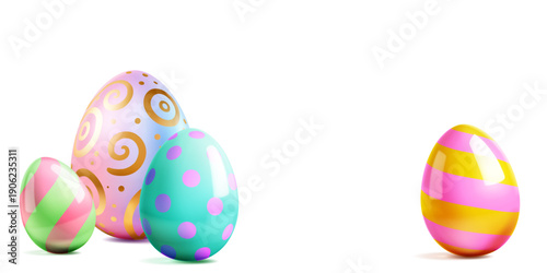 Vibrant easter eggs with soft shadows and various patterns on white background, showcasing different colors and designs.