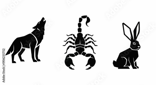Wildlife silhouettes of wolf, scorpion, and rabbit in a row
