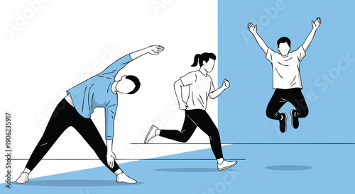 Three active individuals engage in dynamic fitness activities, including stretching, running, and jumping with enthusiasm.