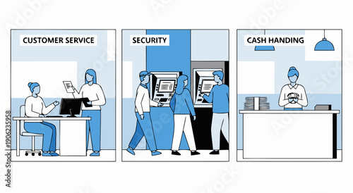 A multi-panel illustration showcasing different aspects of banking services, including customer interaction, ATM security, and cash handling.