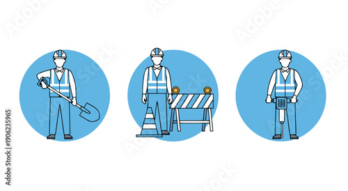 Three distinct circular illustrations showing road construction workers with a shovel, road barrier, and jackhammer.