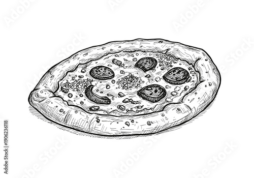 Detailed engraving of Middle Eastern Manakish flatbread topped with spices and herbs demonstrating authentic Levantine bakery aesthetic