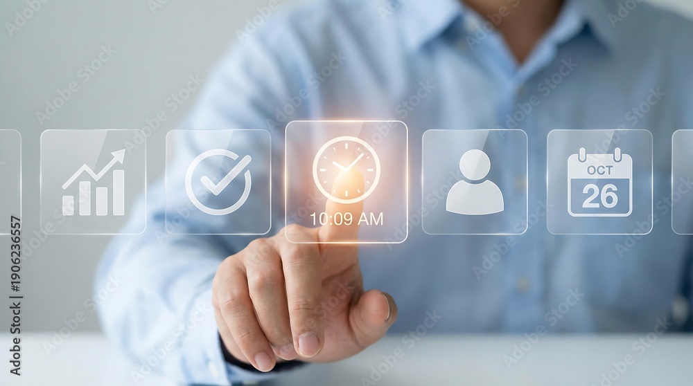 Obraz premium A person's hand extends to interact with a prominent glowing clock icon showing a specific time, flanked by other significant business management icons like growth, task completion, and scheduling.