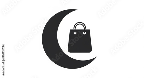 Black crescent moon with shopping bag icon on white background