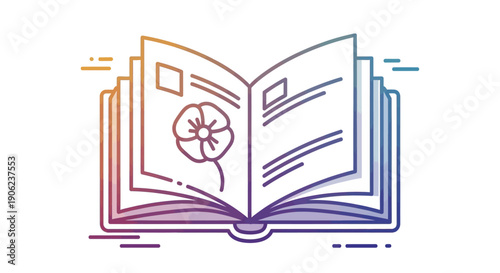 Vibrant Gradient Line Art Illustration of an Open Book Featuring a Flower and Text Pages