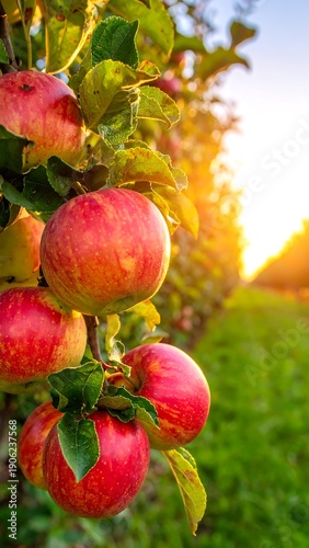Ripe red apples dangle from a branch in an orchard, bathed in golden light. Verdant leaves and blurred trees