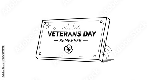 Minimalist Veterans Day remembrance plaque with poppy flower outline illustration