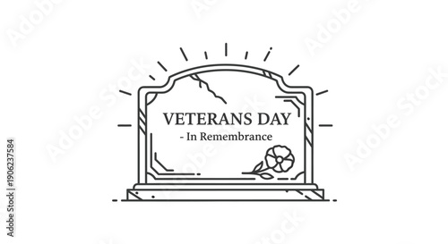 Minimalist Line Art Illustration for Veterans Day Remembrance featuring Tombstone and Poppy