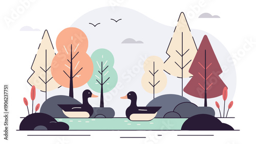 Two ducks swim peacefully in a calm pond surrounded by trees.