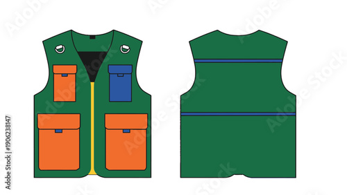 Detailed illustration of green tactical vest with orange and blue pockets