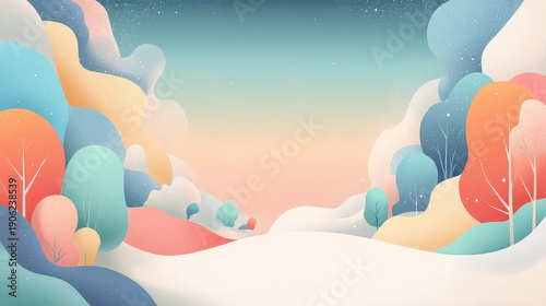 Pastel Winter Wonderland Landscape with Snow Covered Ground and Colorful Trees Under Gradient Sky