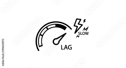 Slow internet speed meter with lag and lightning symbol on white background