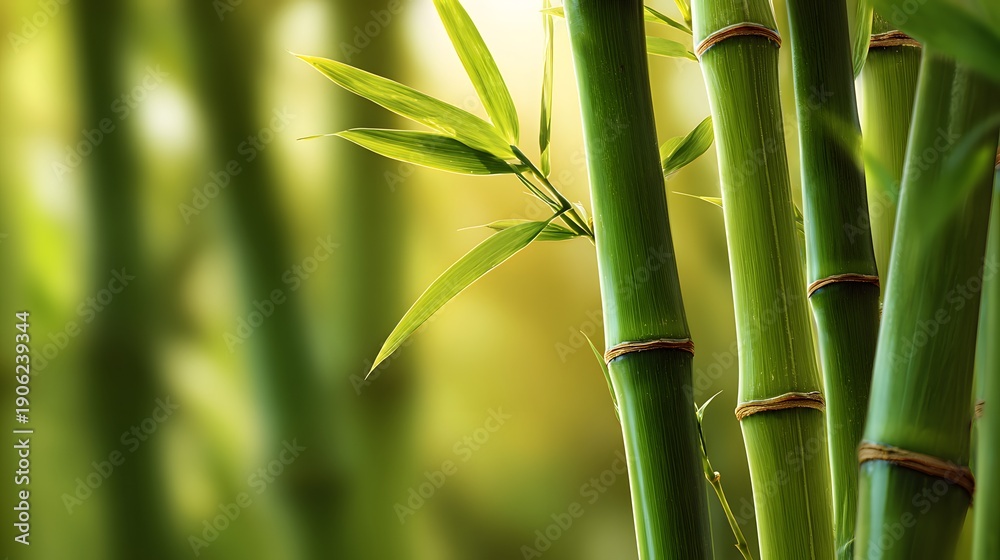 Fototapeta premium Close-up of vibrant green bamboo stalks in a sunlit forest, natures beauty.