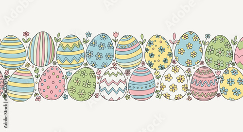 Seamless horizontal border with colorful pastel Easter eggs adorned with floral patterns and geometric designs, perfect for spring celebrations and holiday themes