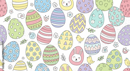 Seamless pattern of cute Easter eggs with bunny faces, flowers, and geometric designs, perfect for spring and holiday celebrations