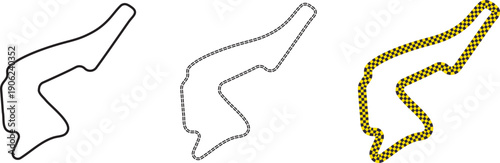 Racing track outline set for motorsport design. Minimal circuit path icons for logo and branding use. Black white speed route symbols collection.