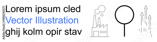 Industry, growth, innovation, business analysis, technology, productivity. A factory with smoke, a magnifying glass and upward arrows. Industry and growth concepts clearly