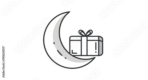 Crescent moon with wrapped gift box in black and white line art style