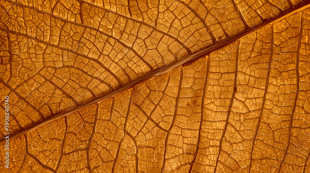 Obraz premium Macro texture of dry autumn leaf with detailed veins, natural brown leaf pattern background for organic design