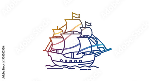 Colorful gradient outline illustration of a classic sailing ship on gentle waves, representing