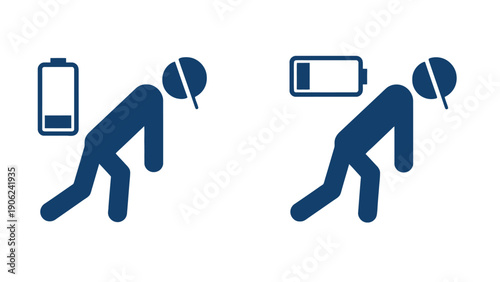 Low battery icon with person feeling exhausted and weak