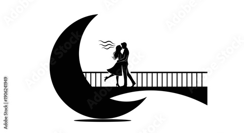 Romantic couple silhouetted in passionate embrace on a bridge under a crescent moon evoking love and connection