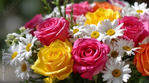 Vibrant Bouquet of Mixed Flowers with Pink and Yellow Roses and White Daisies.