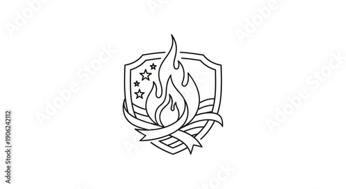 Bold line art illustration of a burning shield with patriotic stars and a flowing banner emblem