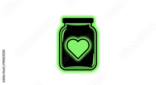 Glowing green heart symbol inside a dark glass jar with a neon outline symbolizing love care and cherished emotions isolated