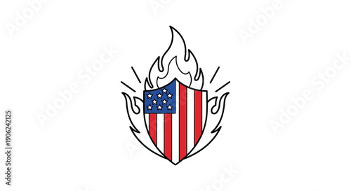 Stylized American flag shield ablaze a powerful graphic symbol of national intensity and protection