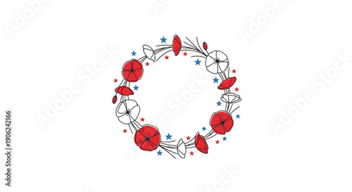 Hand-drawn patriotic floral wreath with red blossoms and blue stars, ideal for festive designs