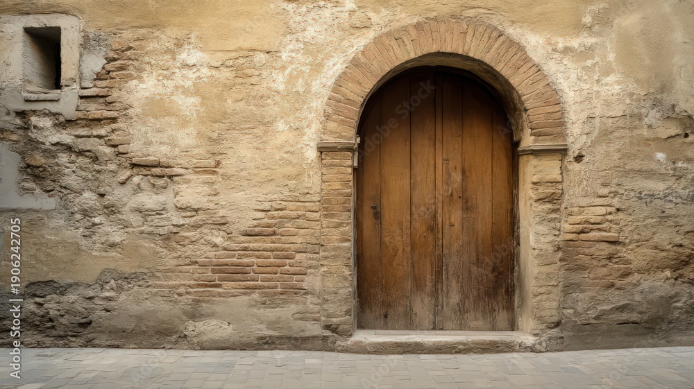 Fototapeta premium Historical Brick Wall with Arched Doorway in Rustic Setting Emphasizing Textures and Depth