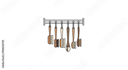 Kitchen utensils hanging from a metal rack.