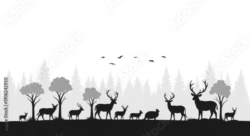 Deer and forest animals silhouettes against trees and birds in flight