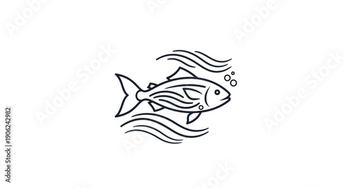 Fish swimming right with wavy lines and bubbles in minimalist black line art style