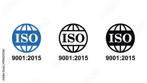 Three variations of the ISO 9001:2015 certification logo are displayed.
