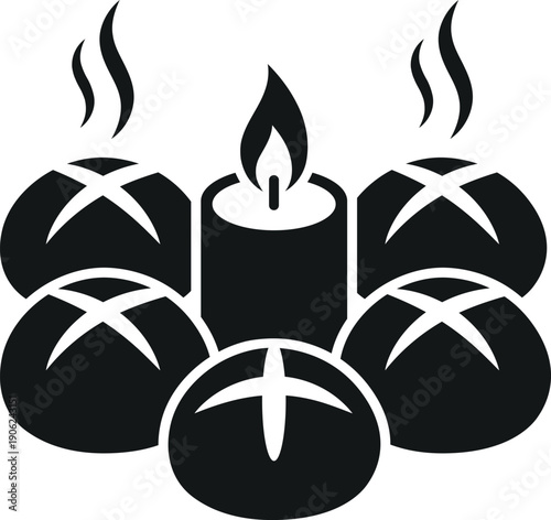 Black silhouette of a candle surrounded by five spherical objects with crosses